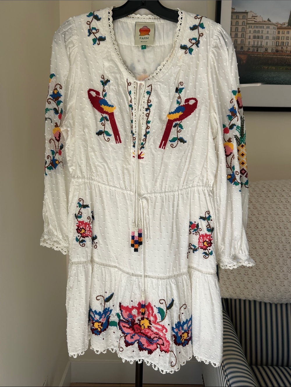 FARM Rio White Embroidered Dress with Colorful Parrots & Floral Motifs